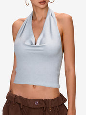 Metallic Silver Halter Cropped Tank Top
