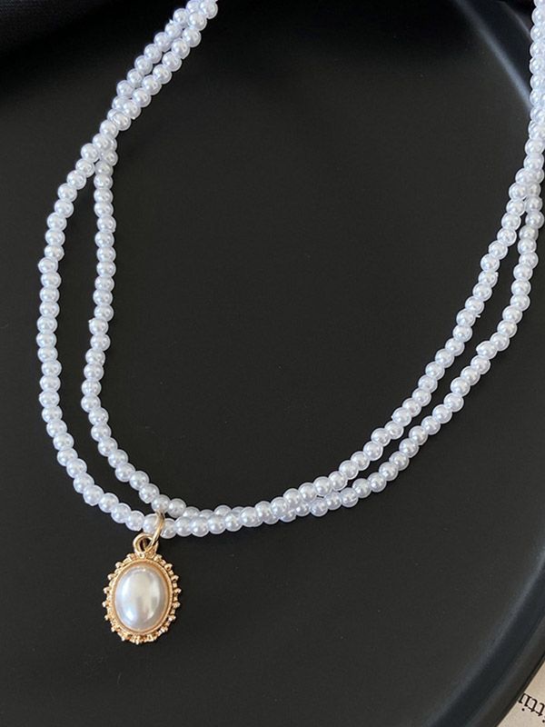 Faux Pearl Pendant Double Layered Necklace