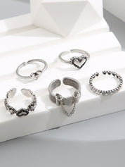 5pcs Heart Decor Silver Cuff Ring