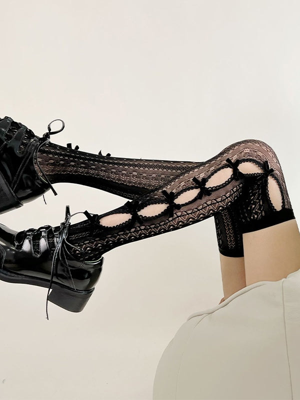 Bow Embellish Cutout Lace Thigh High Socks