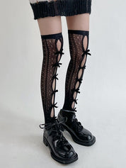 Bow Embellish Cutout Lace Thigh High Socks