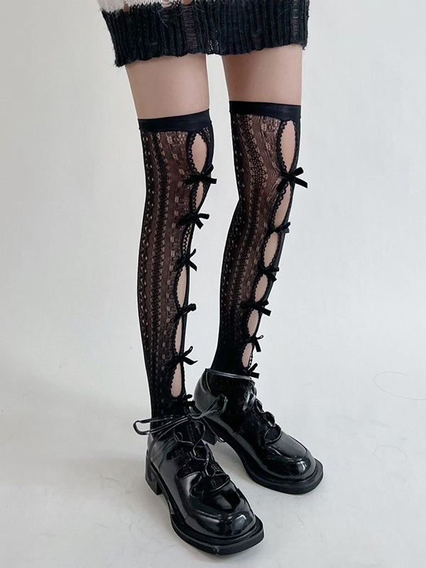 Bow Embellish Cutout Lace Thigh High Socks