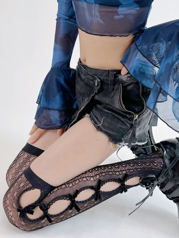 Bow Embellish Cutout Lace Thigh High Socks