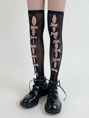 Bow Embellish Cutout Lace Thigh High Socks