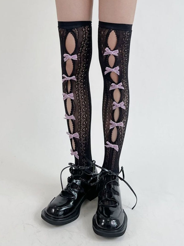 Bow Embellish Cutout Lace Thigh High Socks