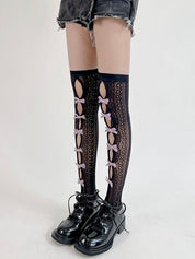 Bow Embellish Cutout Lace Thigh High Socks