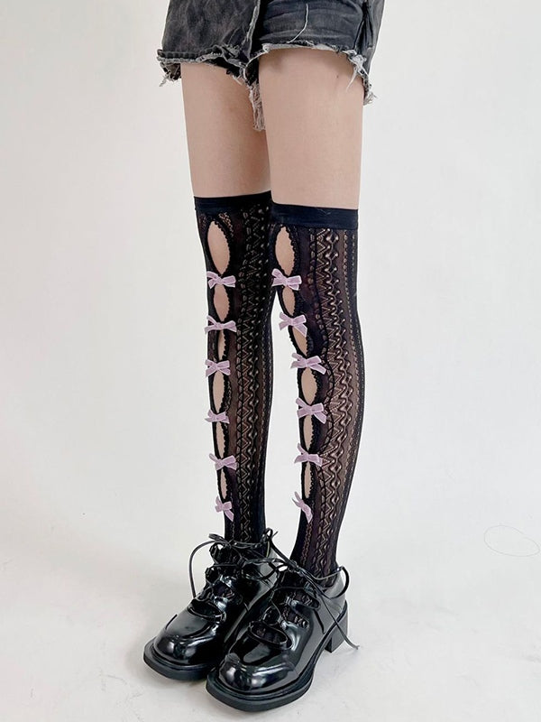 Bow Embellish Cutout Lace Thigh High Socks