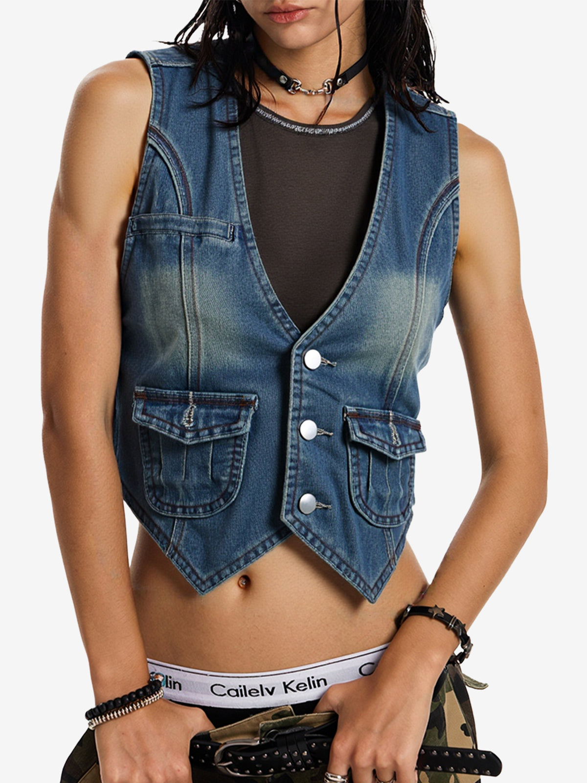 Button Front Denim Corset Top