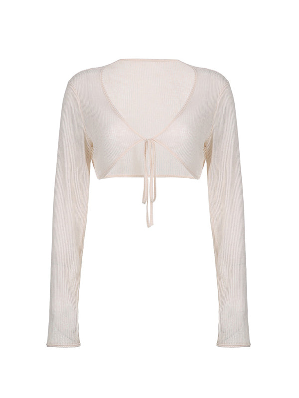 Tie Front Cardi Ribbed Knit Crop Top