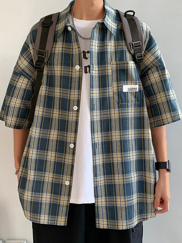 Men's Pocket Buttoned Short Sleeve Checkered Shirt