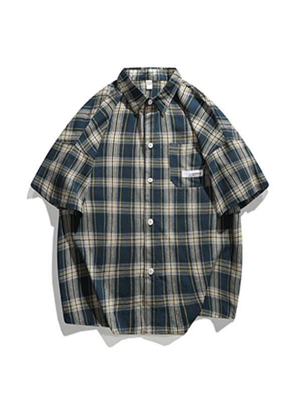 Men's Pocket Buttoned Short Sleeve Checkered Shirt