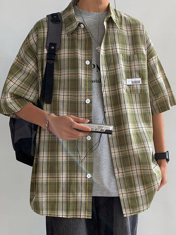 Men's Pocket Buttoned Short Sleeve Checkered Shirt