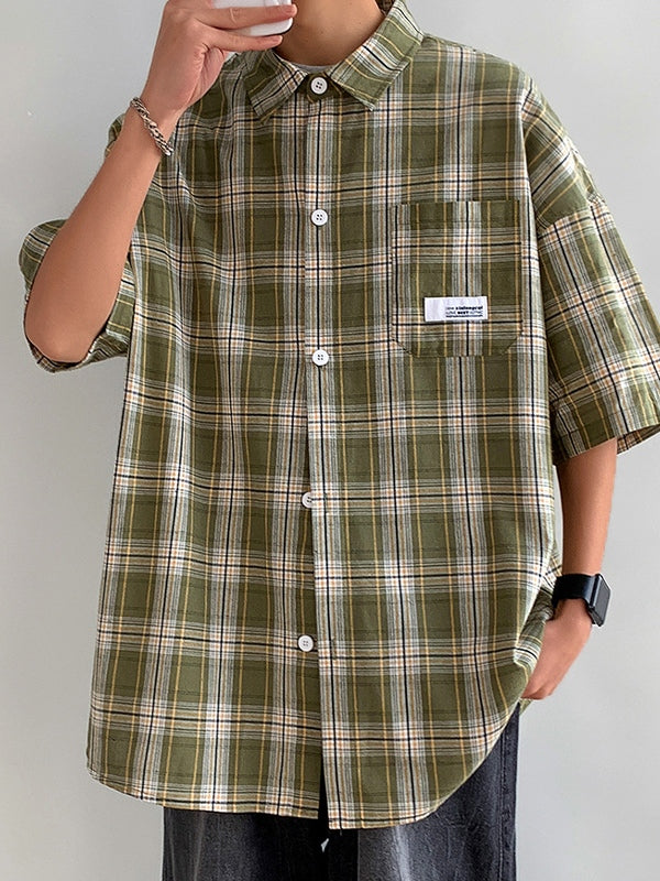 Men's Pocket Buttoned Short Sleeve Checkered Shirt