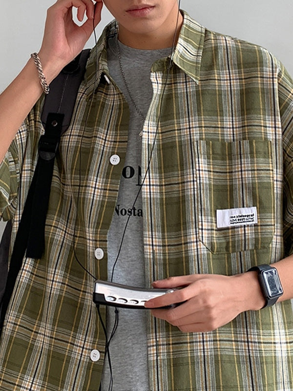 Men's Pocket Buttoned Short Sleeve Checkered Shirt