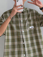 Men's Pocket Buttoned Short Sleeve Checkered Shirt