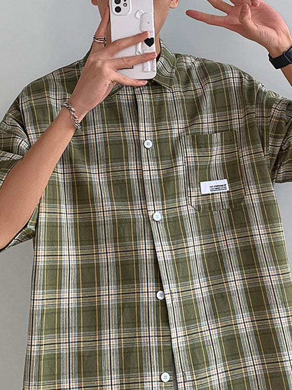 Men's Pocket Buttoned Short Sleeve Checkered Shirt