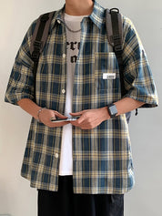 Men's Pocket Buttoned Short Sleeve Checkered Shirt