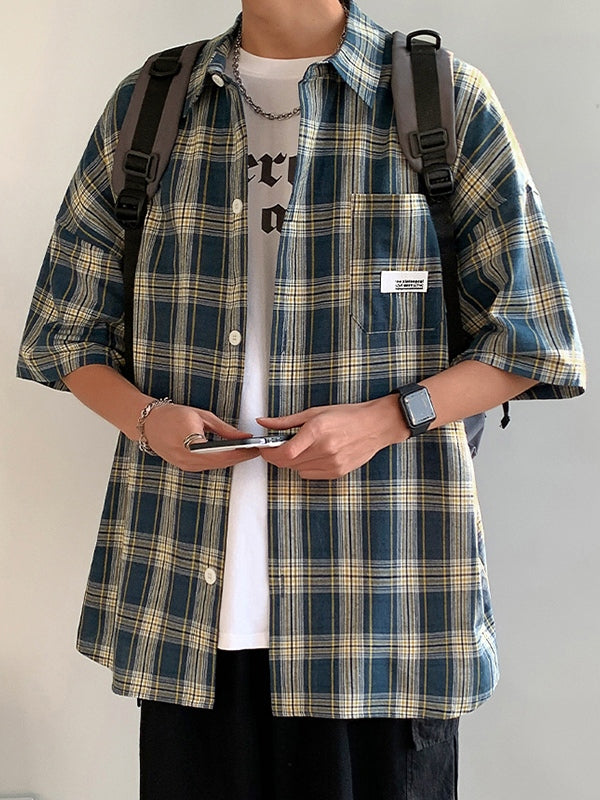 Men's Pocket Buttoned Short Sleeve Checkered Shirt