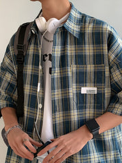 Men's Pocket Buttoned Short Sleeve Checkered Shirt