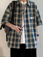 Men's Pocket Buttoned Short Sleeve Checkered Shirt
