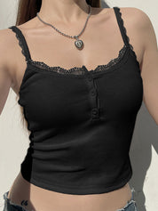 Lace Trim Button Up Ribbed Crop Cami Top
