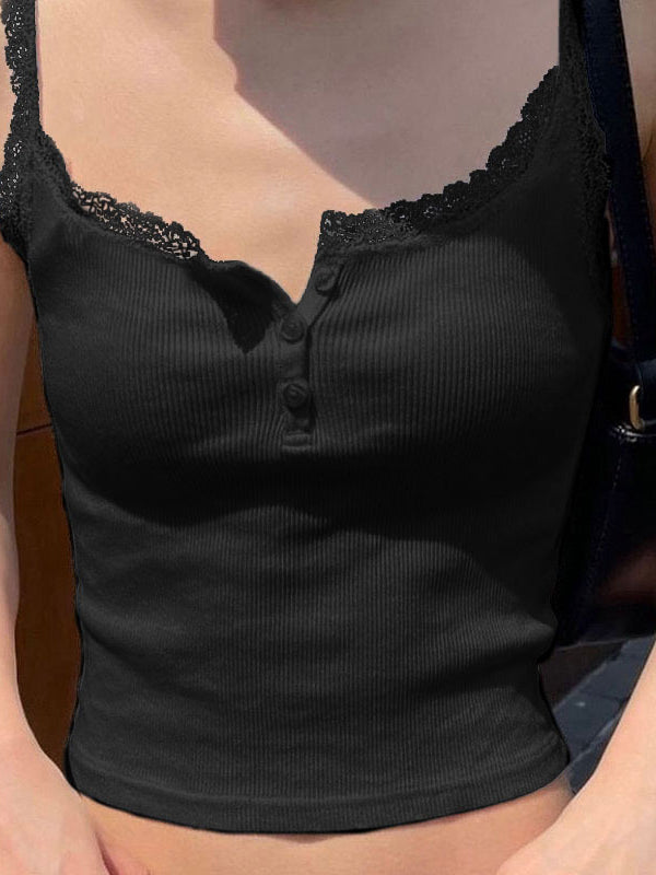 Lace Trim Button Up Ribbed Crop Cami Top