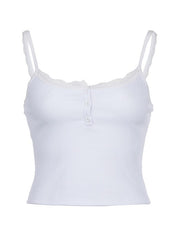 Lace Trim Button Up Ribbed Crop Cami Top