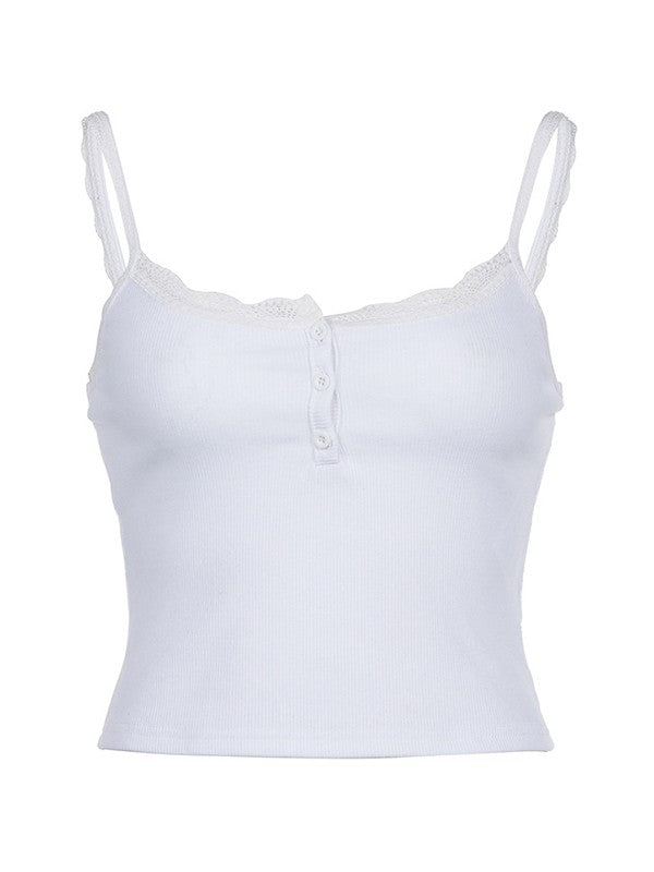 Lace Trim Button Up Ribbed Crop Cami Top