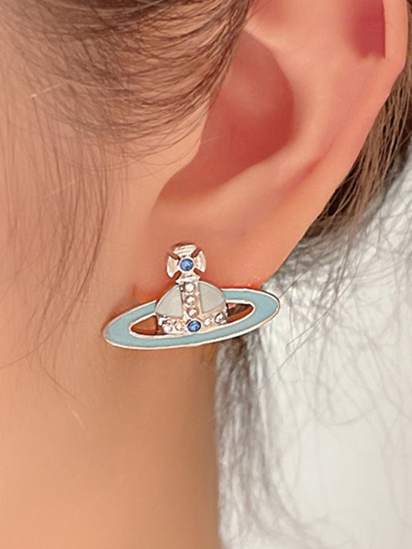 Enamel Rhinestone Saturn Charm Earrings