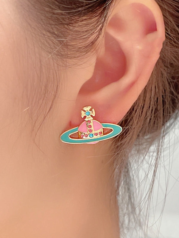 Enamel Rhinestone Saturn Charm Earrings