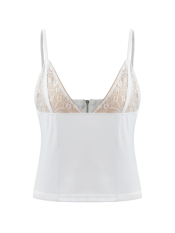 V Neck Panel Lace Crop Cami Top