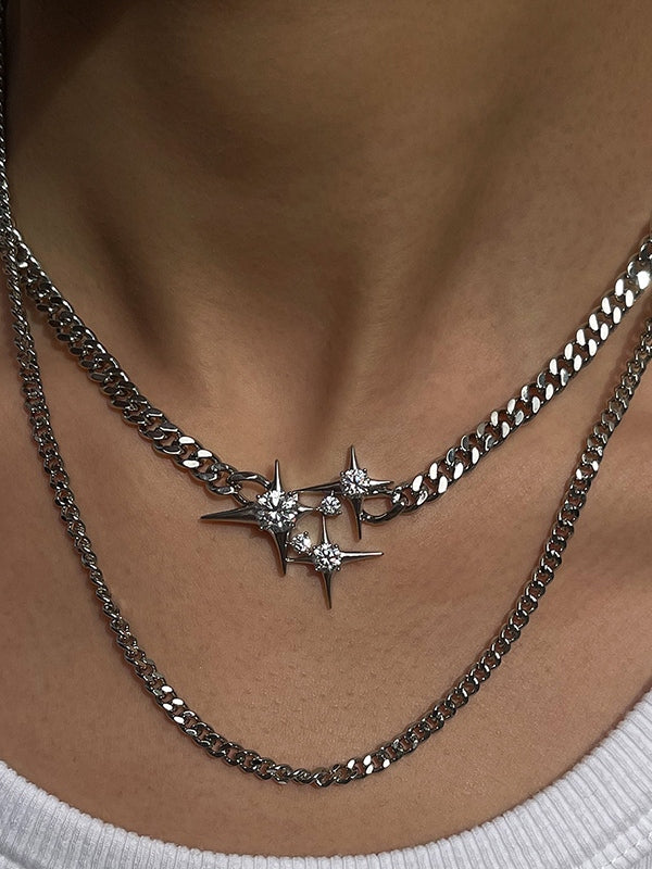 Double Layered Chain Rhinestone Star Charm Necklace