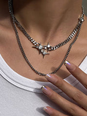 Double Layered Chain Rhinestone Star Charm Necklace