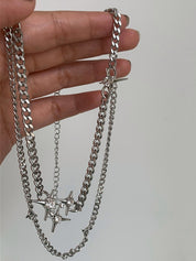 Double Layered Chain Rhinestone Star Charm Necklace