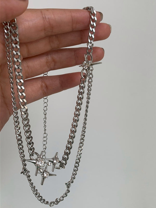 Double Layered Chain Rhinestone Star Charm Necklace