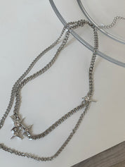 Double Layered Chain Rhinestone Star Charm Necklace