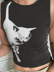 Cat Print Cropped Tank Top
