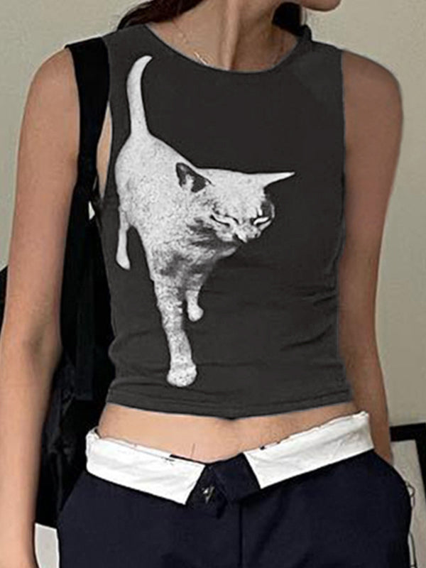 Cat Print Cropped Tank Top