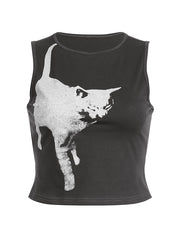 Cat Print Cropped Tank Top