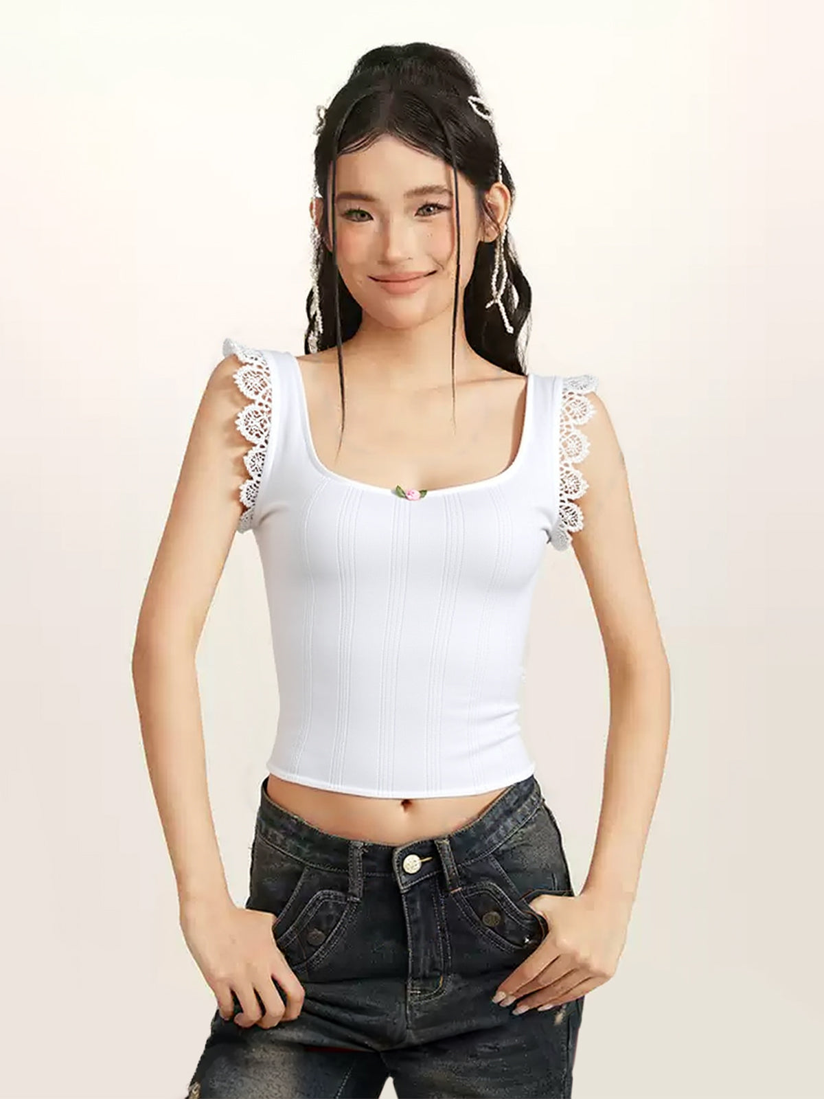 Lace Stitching Ruffle Crop Cami Top