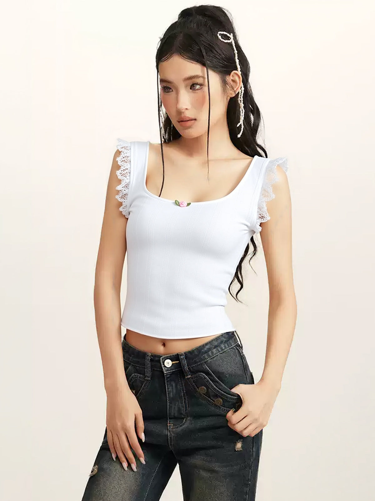 Lace Stitching Ruffle Crop Cami Top