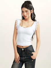 Lace Stitching Ruffle Crop Cami Top