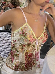 Flower Print Lace Stitching Cami Top