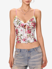 Flower Print Lace Stitching Cami Top