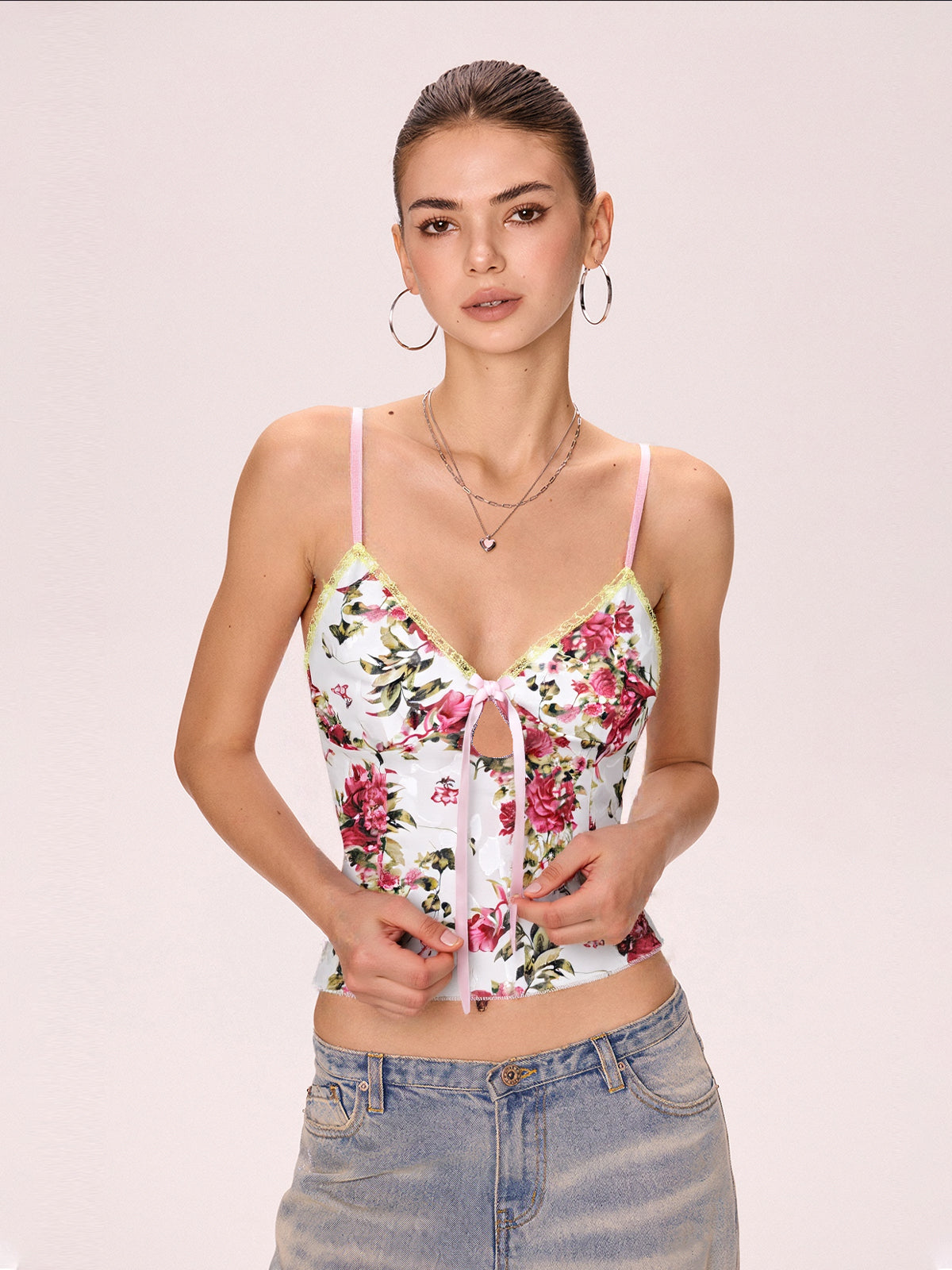 Flower Print Lace Stitching Cami Top