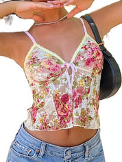 Flower Print Lace Stitching Cami Top