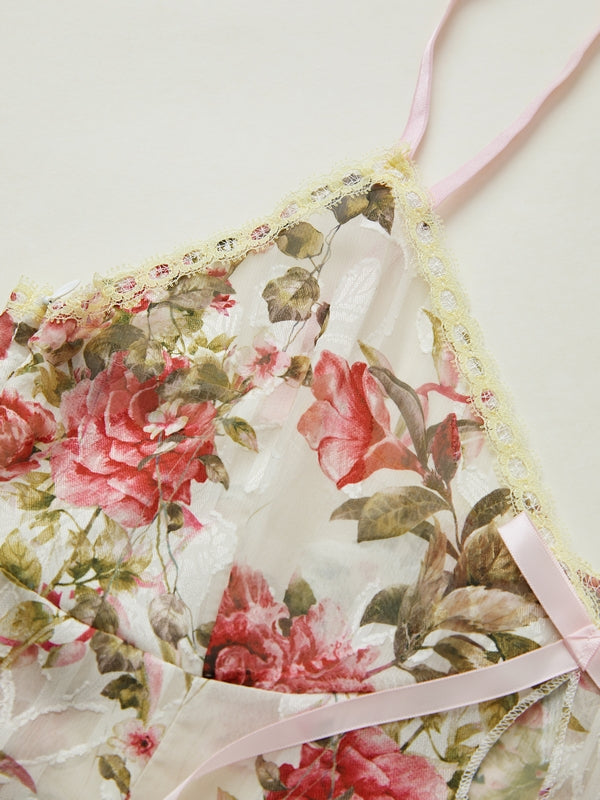Flower Print Lace Stitching Cami Top