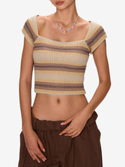 Contrast Color Stripped Square Neck Knit Top
