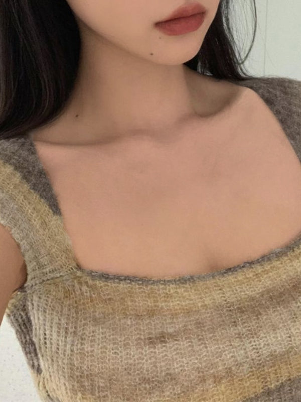 Contrast Color Stripped Square Neck Knit Top