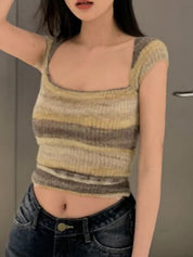 Contrast Color Stripped Square Neck Knit Top